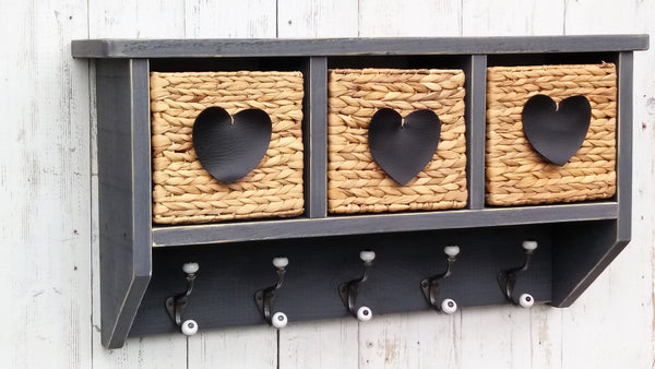 Hallway hanging shelf with coat rack and storage wicker baskets