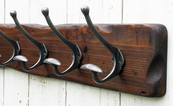 Handmade Reclaimed Wood Cottage Country Vintage style Coat Hat Rack with Wide cast iron hooks