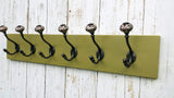 Vintage OLIVE GREEN wooden Coat Rack with large patterned ceramic hooks Handmade