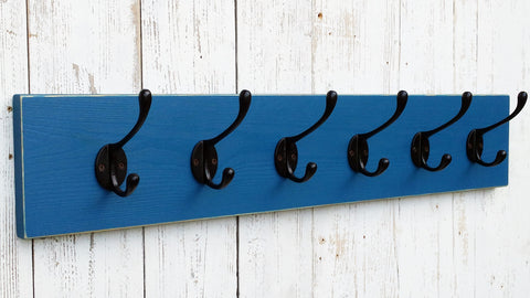 Vintage AZURE BLUE wooden Coat Rack with Black matt cast antique iron hooks, Handmade