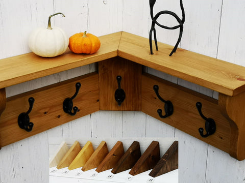 Solid Wood Hat&Coat CORNER Rack with shelf Shabby Chic Rustic finish 3,5,7 or 9 hook