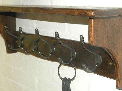 Reclaimed wood Hat and Coat Rack with shelf and Wide Cast iron