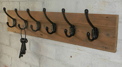 Handmade Reclaimed wood Hat and Coat Rack Rustic Shabby Eco with Black cast iron hooks