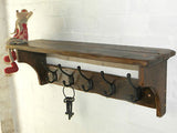 Handmade Reclaimed wood Cottage Country Vintage style Hat and Coat Rack with shelf and Black cast iron hooks