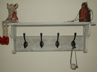 Solid wood Hat Coat Rack with shelf Shabby Chic Rustic White Wash 3,4,5,6,7 hook