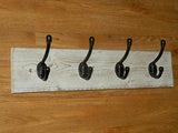Handmade Reclaimed Wood Shabby Chic White wash Coat and Hat Rack with Black Cast iron hooks