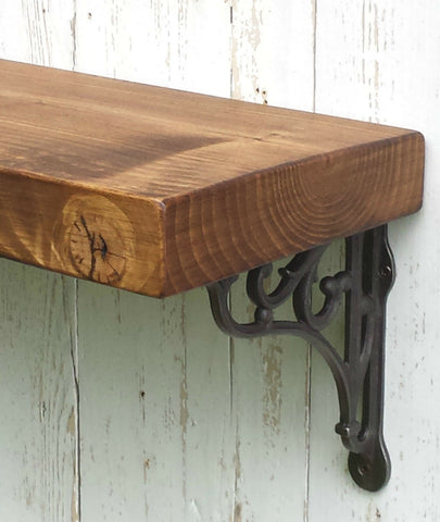 14.5 cm deep Solid Pine wood Rustic Mantel Shelf, incl. decorative shelf support brackets